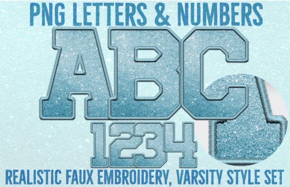 Blue Faux Glitter and Embroidery Letters for Crafts and Graphics