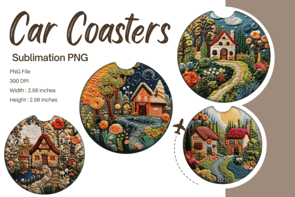 House Flower Embroidery Car Coaster PNG for Graphics and Print Templates