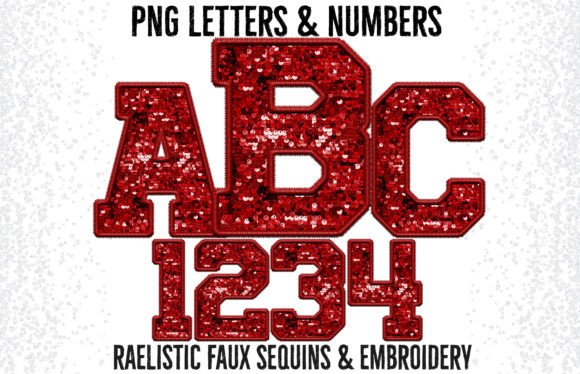 Red Faux Sequins Embroidery Alphabet for Crafts and Graphics